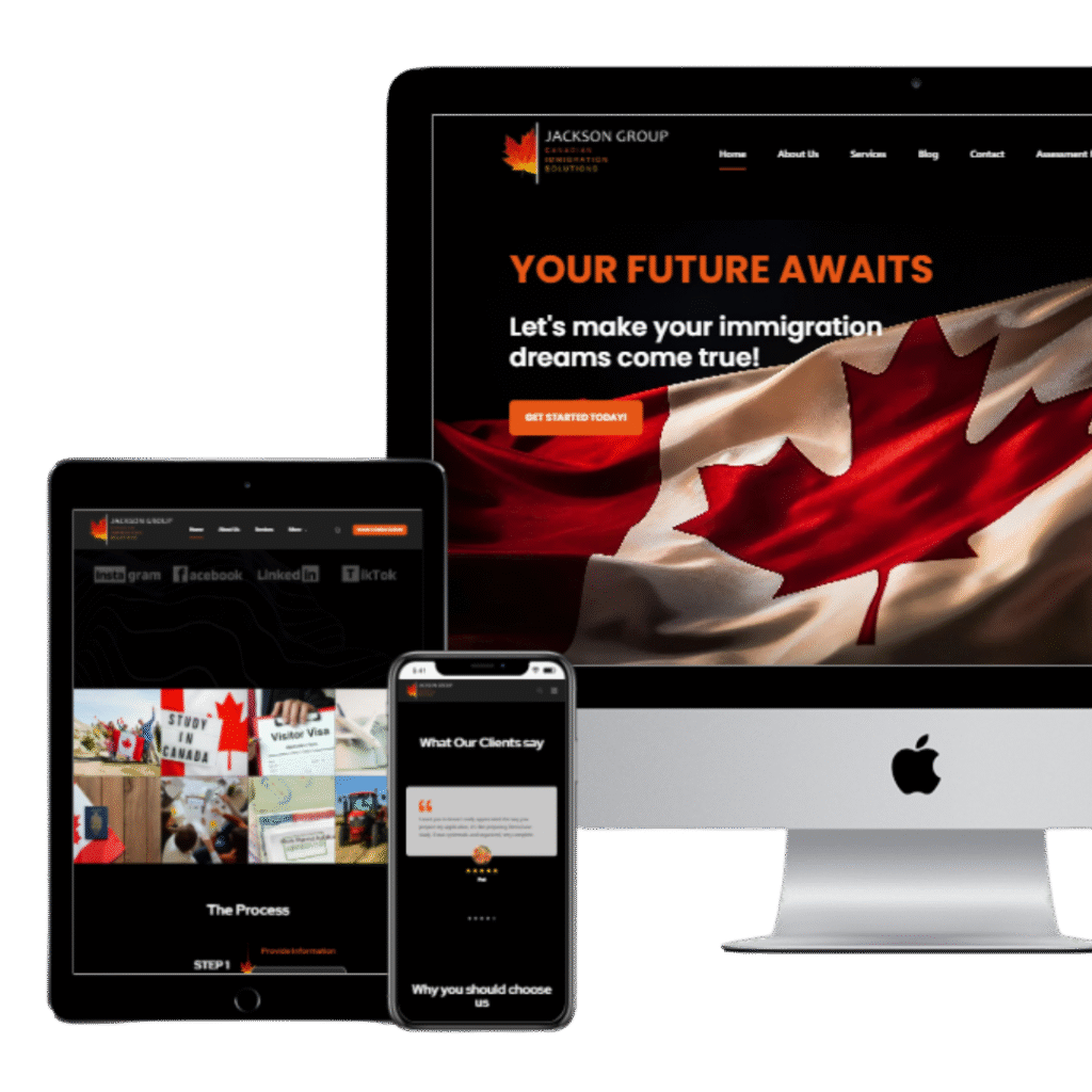 Responsive website displays on a desktop, tablet, and smartphone, featuring a Canadian flag and promoting immigration services with the slogan 'Your Future Awaits".
