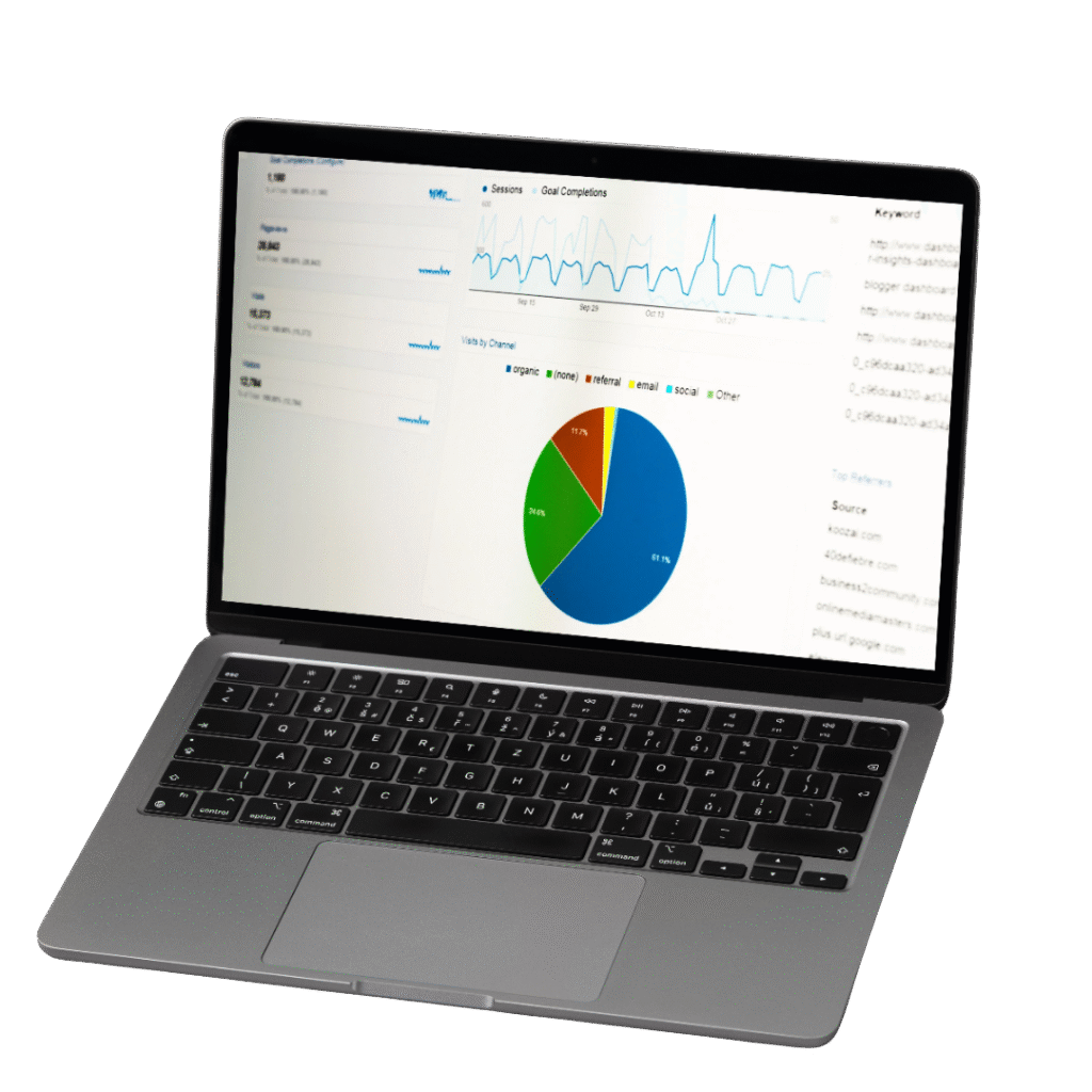 A laptop displaying analytical data on a screen with a line graph, a pie chart, and various statistics. The background is black, conveying a focused, professional tone.