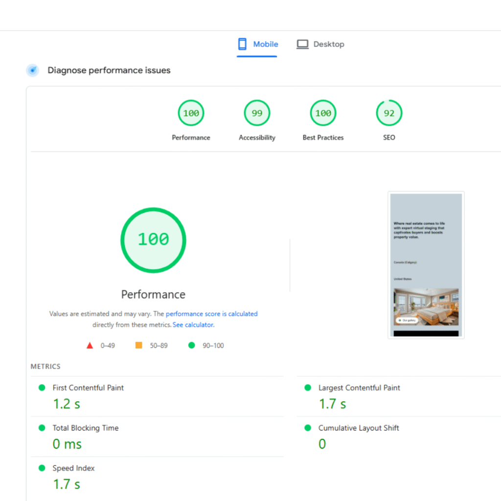 Audit results showing high scores for Performance (100), Accessibility (99), Best Practices (100), and SEO (92) with metrics for a mobile view.