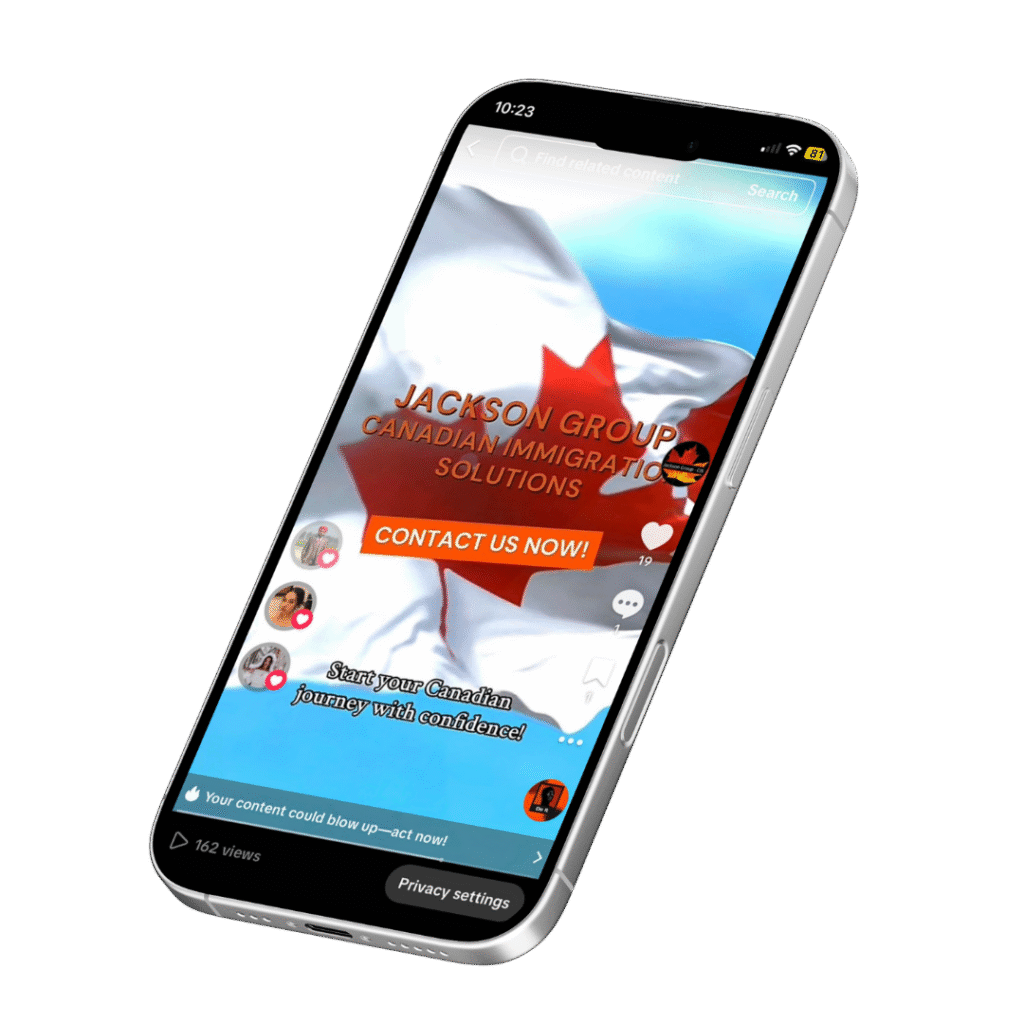 Smartphone screen displaying an app with a waving Canadian flag background. Text reads "Jackson Group Canadian Immigration Solutions." Button says "Contact Us Now!"