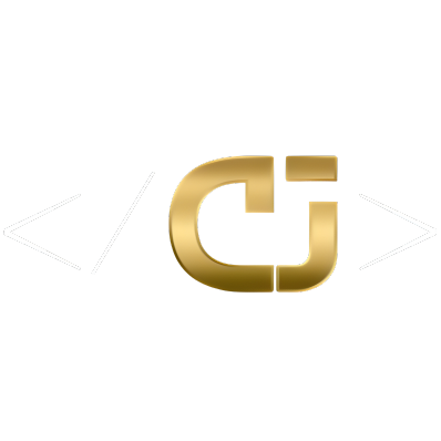 Golden "CJ" logo centered within white angle brackets on a black background, conveying a sleek and modern technological theme.